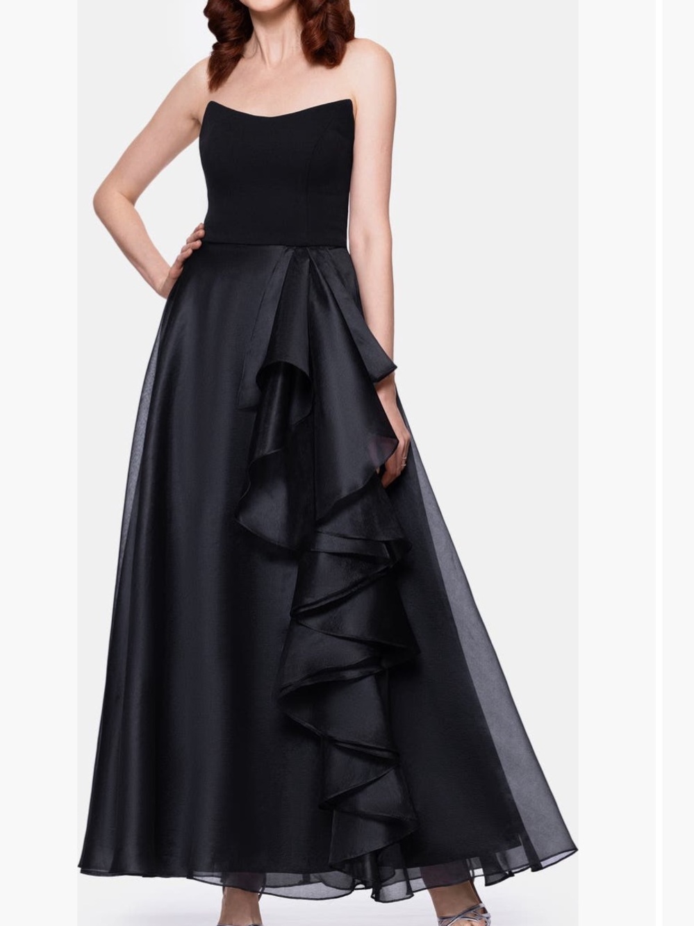 Betsy & Adam Strapless Black A-Line Evening Gown with Side Ruffle